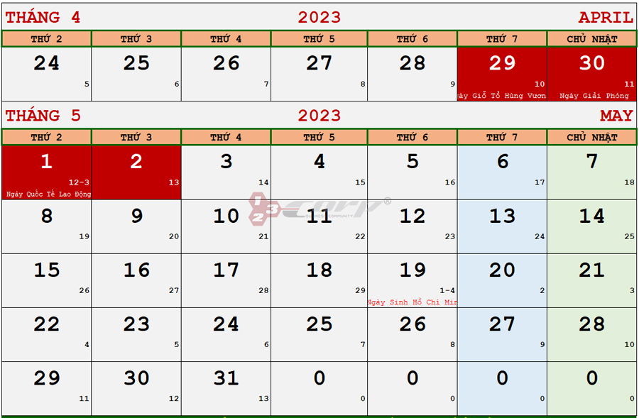 Lịch nghĩ lễ Giỗ tổ Hùng Vương & 30/4 -1/5