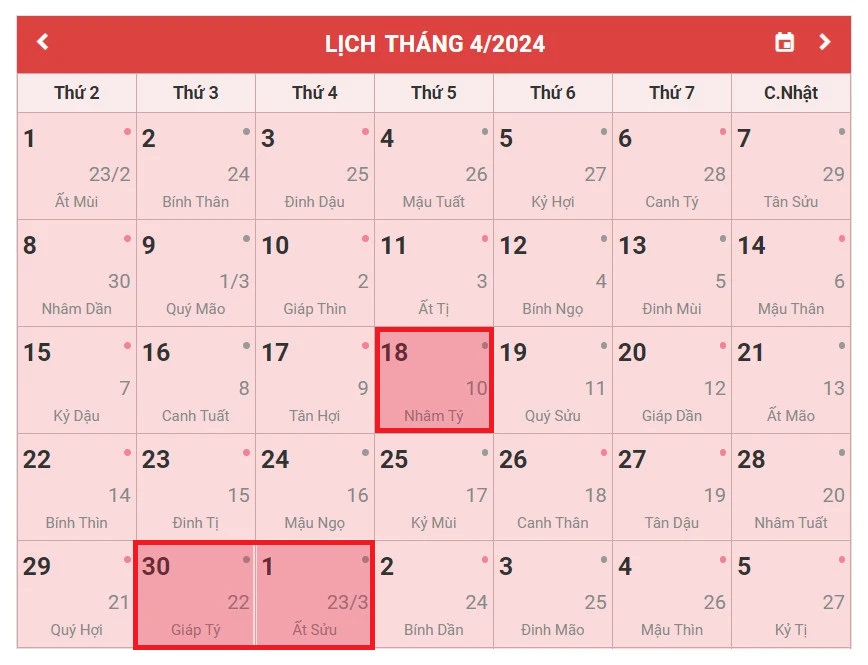 Lịch nghỉ lễ Giỗ tổ Hùng Vương, 30/4 và 1/5 năm 2024